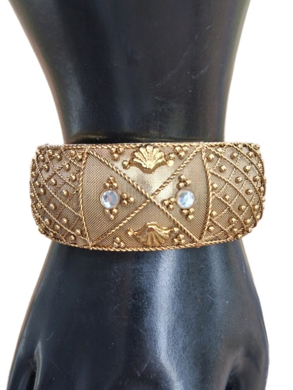 Vintage Gold Tone Ornate Hinged Bangle Bracelet Rhinestones Mesh Beaded Texture